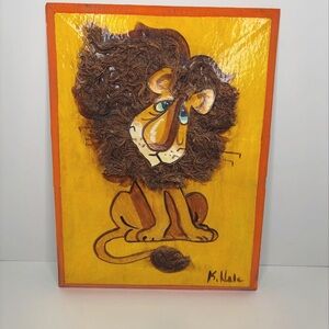 Vintage Spaghetti Lion Wooden Hanging Wall Art - Signed